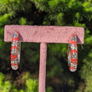 Lauren G Adams Enamel & Rhodium Fiesta Rose & Thorns Hoop Earrings in Coral